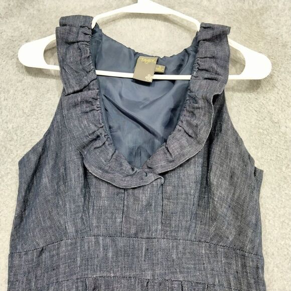 Taylor Sheath Dress Linen Wmns Sz 6 Blue Chambray Sleeveless Ruffle V-Neck - Picture 2 of 13